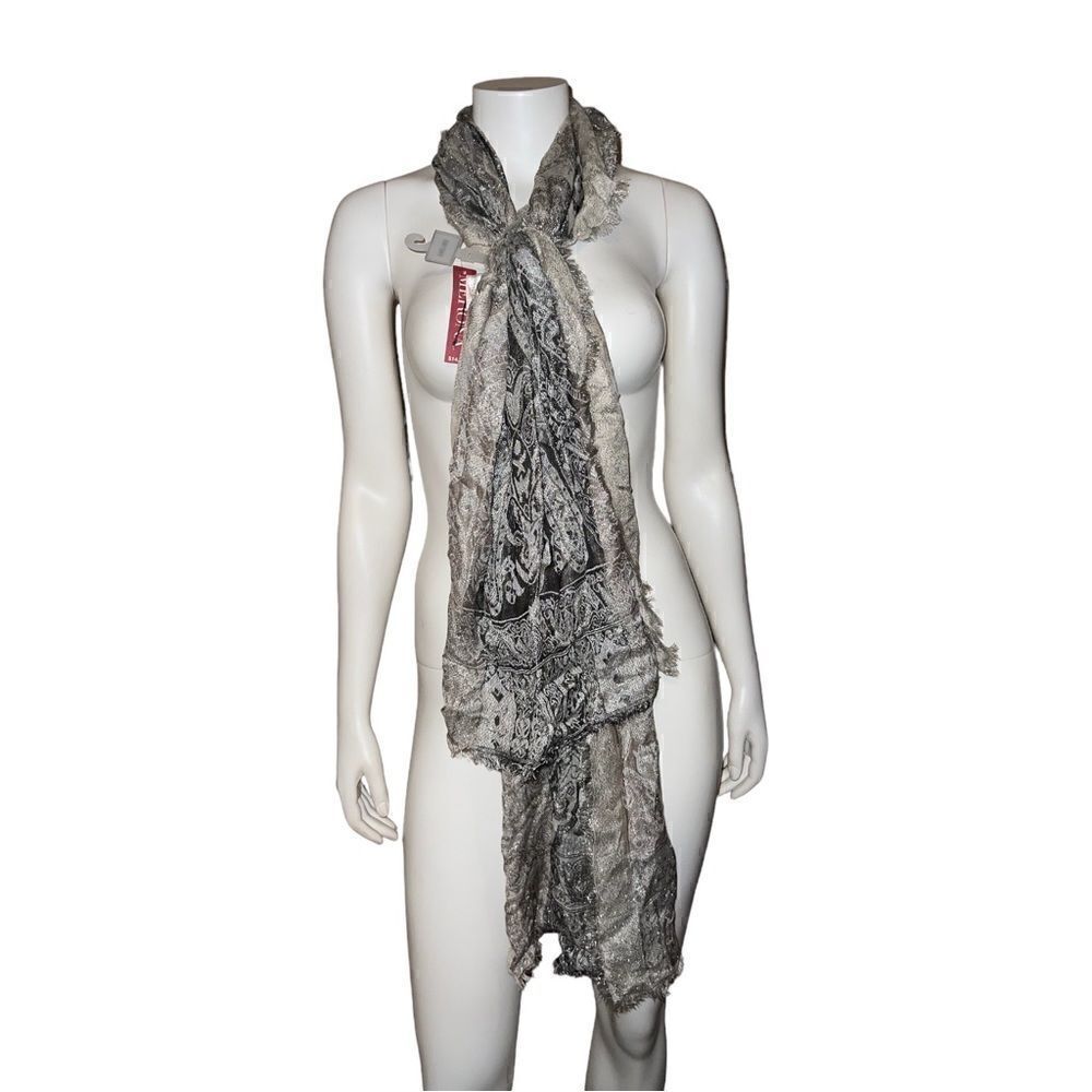 Merona Womens Sparkly Knit Scarf Beige Black Paisley Fringe One Size NWT